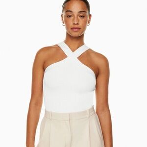 Babaton White Cross-Neck Crop Top